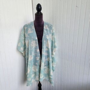 Coldwater Creek Womens Duster Kimono Open Front Sheer Floral Blue Aqua White OS